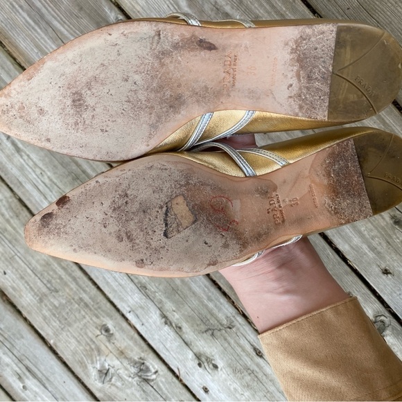 Prada Gold/Silver Leather Toe Pointed Toe Ballet Flats Size 6 - Picture 5 of 14